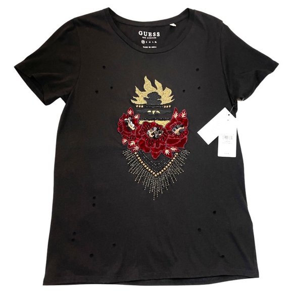 NWT GUESS Studded-Appliqué Ripped T-Shirt - Picture 3 of 13
